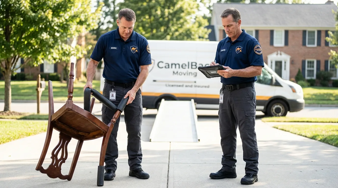 Movers inspecting furniture for damage prevention before loading in Mount Carmel, TN